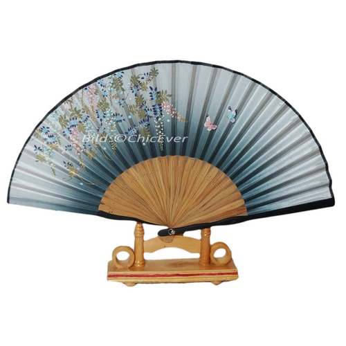 Fächer Handfächer aus Bambus & Seide handbemalt blau braun Blumen Handarbeit 6787 - zum Schließen ins Bild klicken